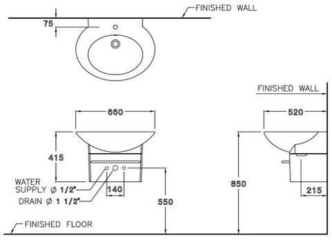 Chậu Rửa Mặt Lavabo COTTO SC01027 Charisma Chân Ngắn Treo Tường