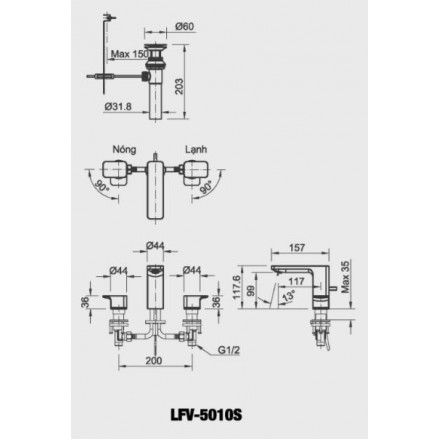 Vòi Chậu Lavabo Inax LFV-5010S Van Nóng Lạnh Riêng 3 Lỗ