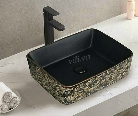 Chậu rửa lavabo đặt bàn YOLO ML32 chữ nhật đen hoa văn