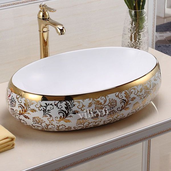 Chậu lavabo đặt bàn YOLO ML48 tròn Oval hoa văn vàng