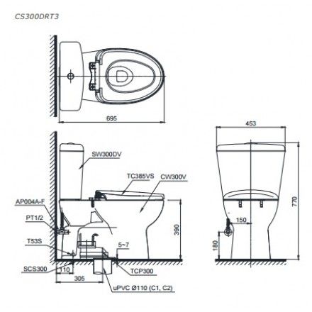 Bàn Cầu Hai Khối TOTO CS300DRT3 Nắp TC385VS