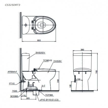 Bàn Cầu Hai Khối TOTO CS325DRT3 Nắp TC385VS