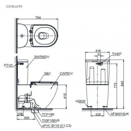 Bàn Cầu TOTO CS761DT5 Hai Khối Nắp TC384CVK