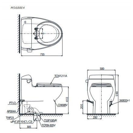 Bàn Cầu TOTO MS688E4 Một Khối Nắp Cơ