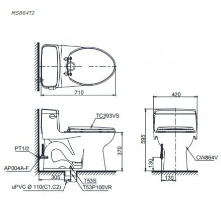 Bàn Cầu TOTO MS864T3 Một Khối Xả Gạt Nắp TC385VS