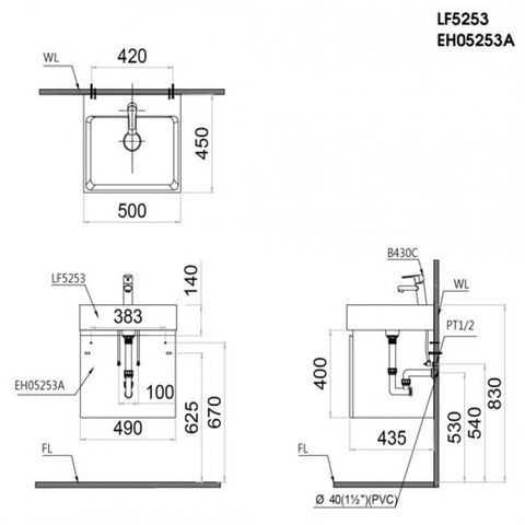 Bộ Tủ Lavabo Caesar Treo Tường LF5253/EH05253ATGV