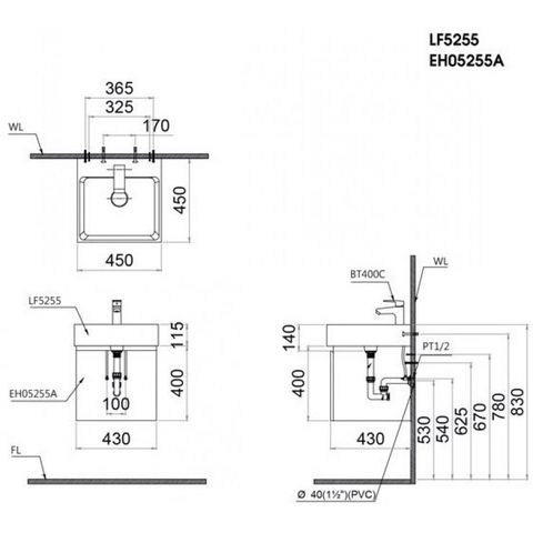 Bộ Tủ Lavabo Caesar Treo Tường LF5259/EH05259ATGV Xám Đậm