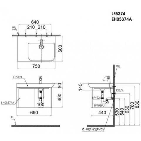 Bộ Tủ Lavabo Caesar Treo Tường LF5374/EH05374AV