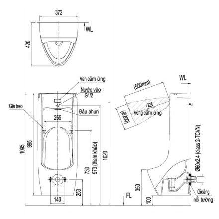 Bồn Tiểu Nam Inax ASU-500V Cảm Ứng Treo tường