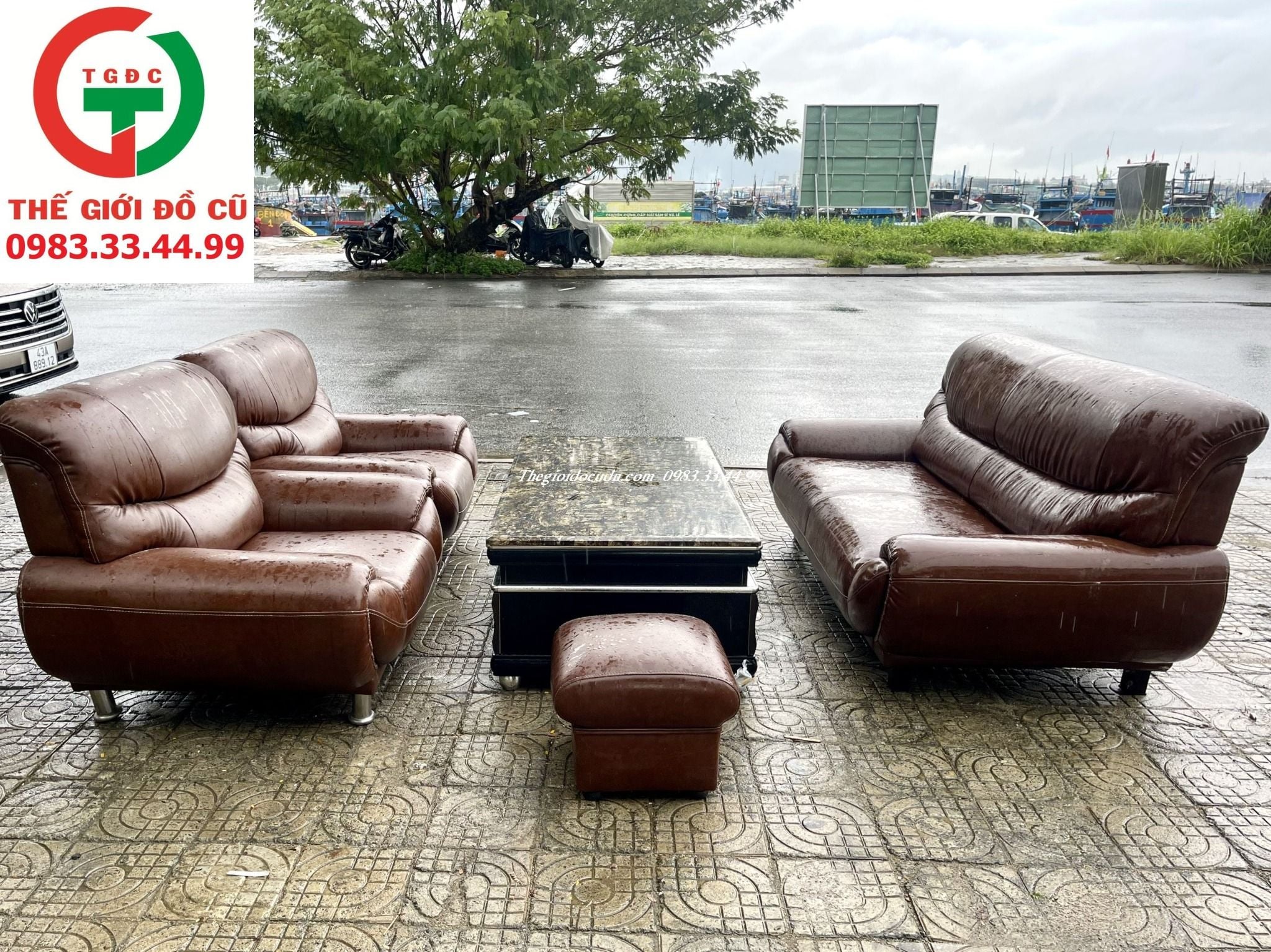 BỘ SOFA ĐỆM DA NÂU BÀN MẶT ĐÁ SANG TRỌNG