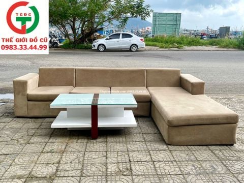 BỘ BÀN GHẾ SOFA GÓC ĐỆM NHUNG MÀU NÂU