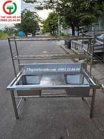 CHẬU RỬA INOX 2 HỌNG VUÔNG LIỀN KỆ