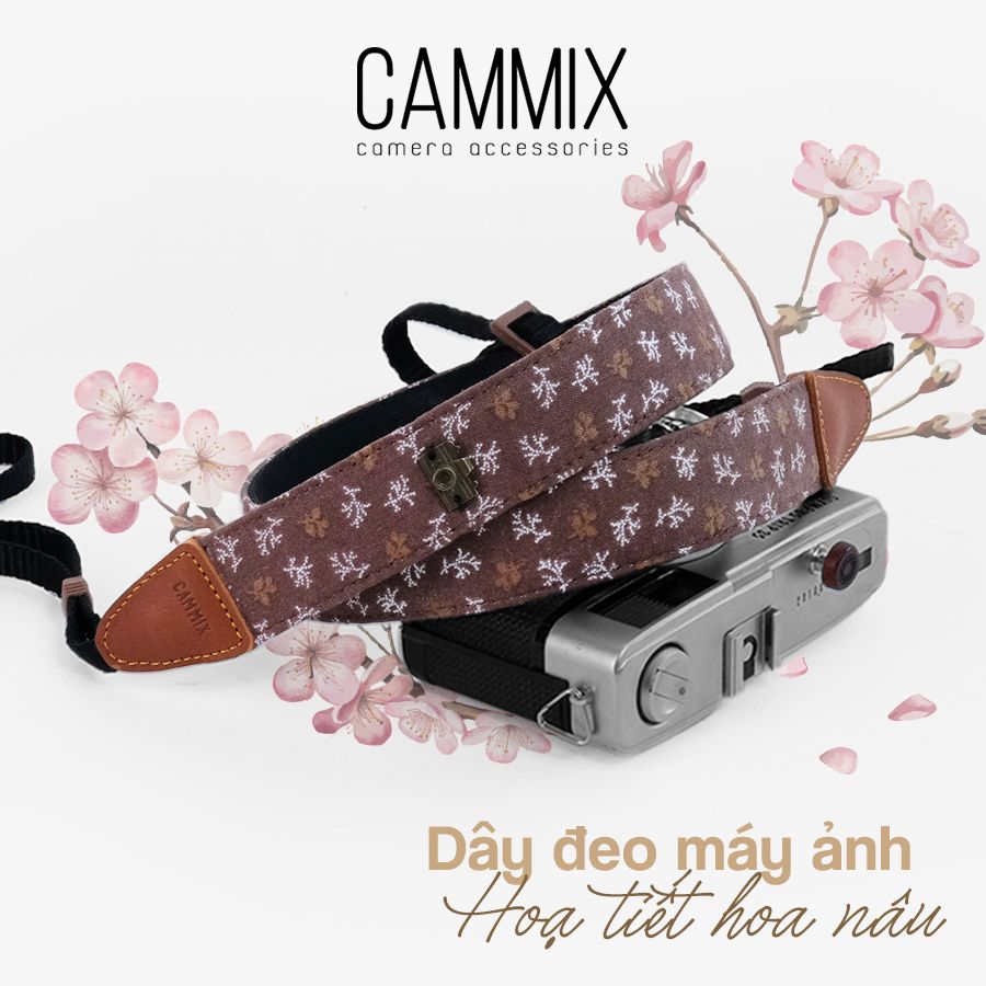 Dây đeo máy ảnh dành cho máy Fuji, Canon, Nikon, Sony - Camera Strap hoa nâu- Dây deo máy ảnh Made by Cammix