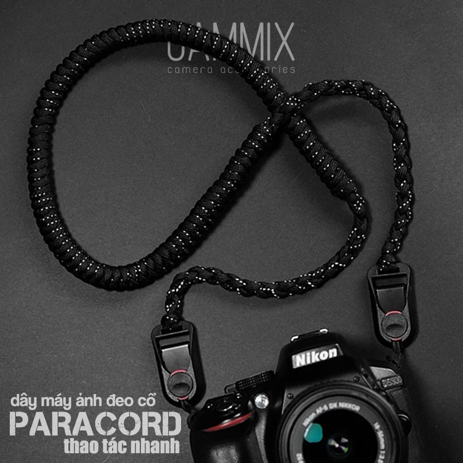 Dây đeo máy ảnh Paracord có gắn bộ thao tác nhanh - Đeo cổ - Camera strap - Màu đen - Dành cho máy Fuji, Nikon, Canon...