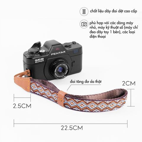  Dây đeo cổ tay máy ảnh Cammix - Wrist strap hoạ tiết thổ cẩm - Nâu và Navy - For Fujifilm, Sony, Canon, Nikon.... 