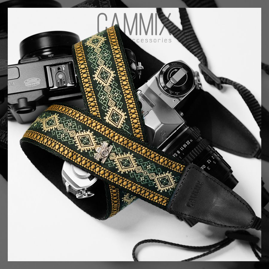 Dây đeo máy ảnh dành cho máy Fuji, Canon, Nikon, Sony... - Camera Strap thổ cẩm thêu hoạ tiết Xanh lá - Camera Strap