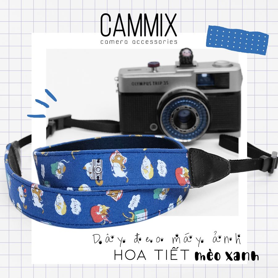 [NEW] Dây đeo máy ảnh dành cho máy Fujifilm, Canon, Nikon, Sony - Dây máy ảnh Made by Cammix - Mèo - Hoạt tiế mèo - Xanh - Dễ thương - Cute