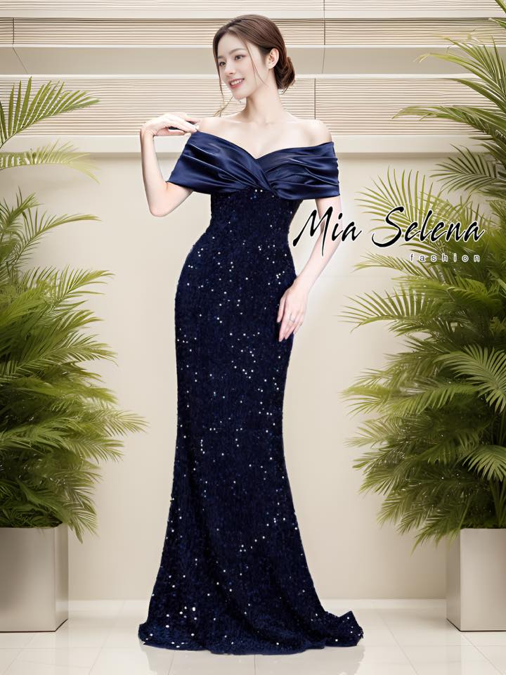 Đầm dạ hội xanh đen  kim sa sang trọng