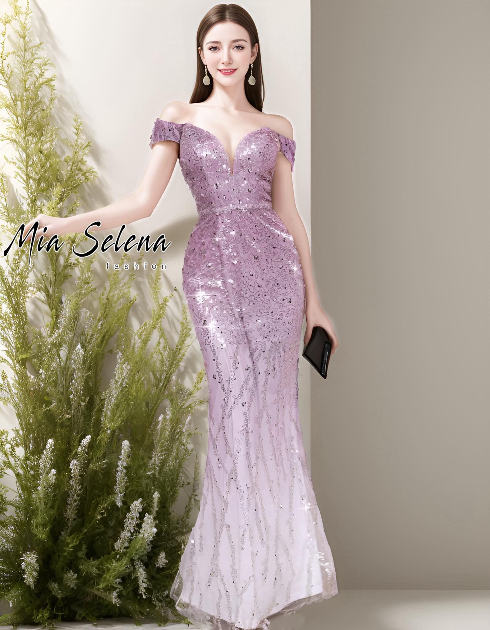 Đầm  dạ hội kim sa sang trọng ( Tím + xanh )