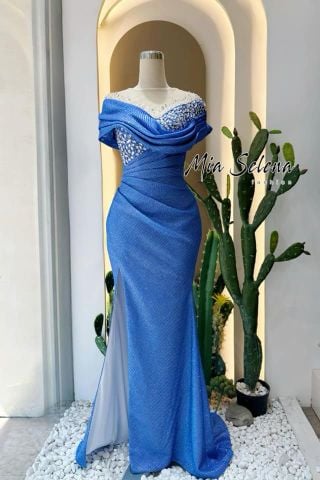 Đầm dạ hội xanh coban đính kết
