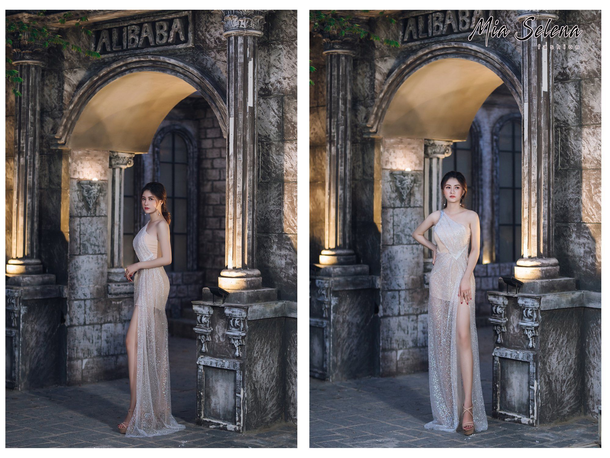 Đầm dạ hội Mia Selena  kim tuyến new xẻ tà tuyệt đẹp ( Trắng kem )
