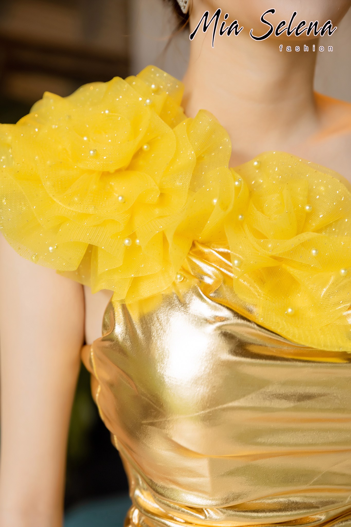 Đầm dạ hội Mia Selena thiết kế phối bông tuyệt đẹp ( Vàng-Đỏ)