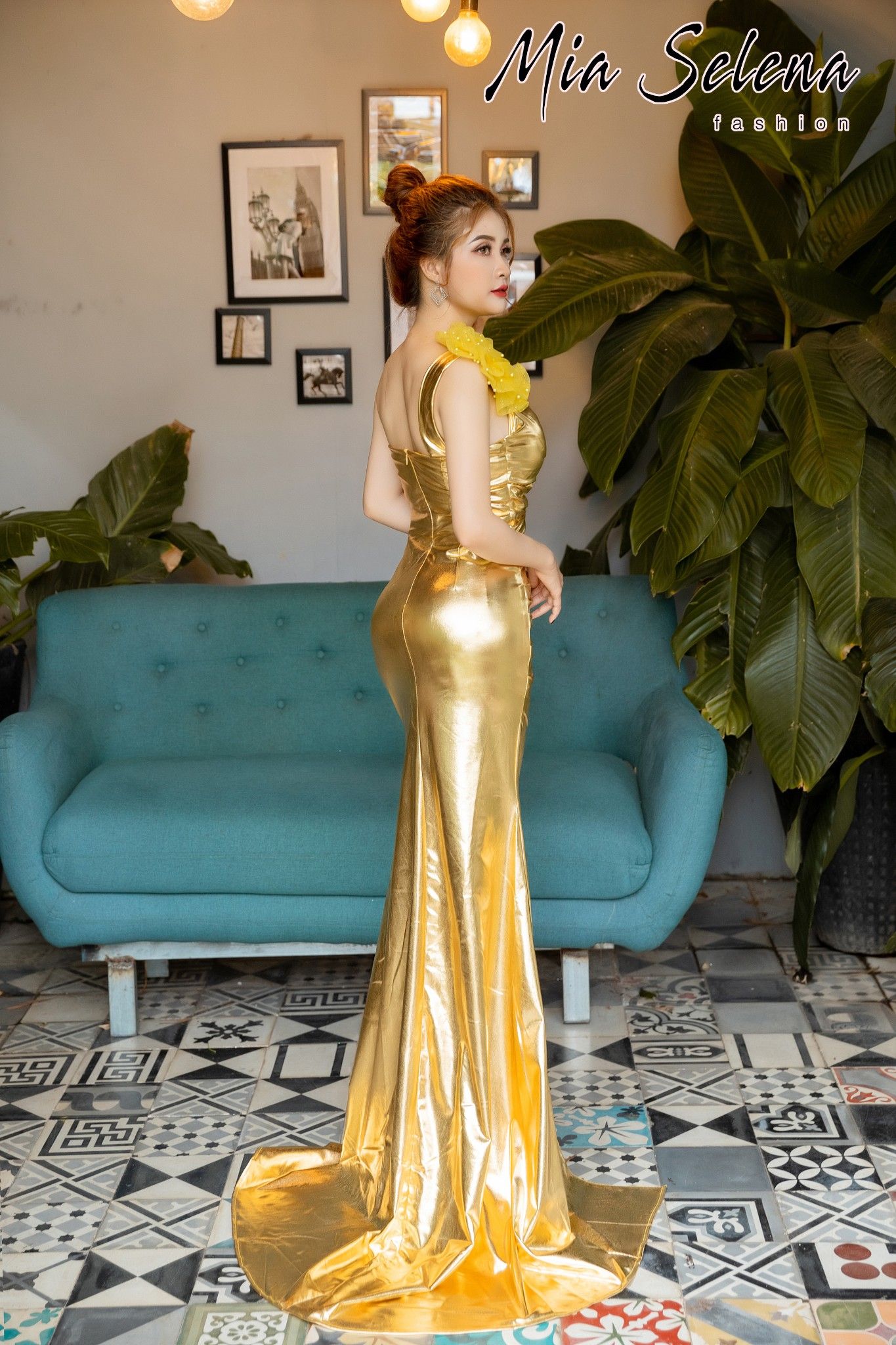 Đầm dạ hội Mia Selena thiết kế phối bông tuyệt đẹp ( Vàng-Đỏ)