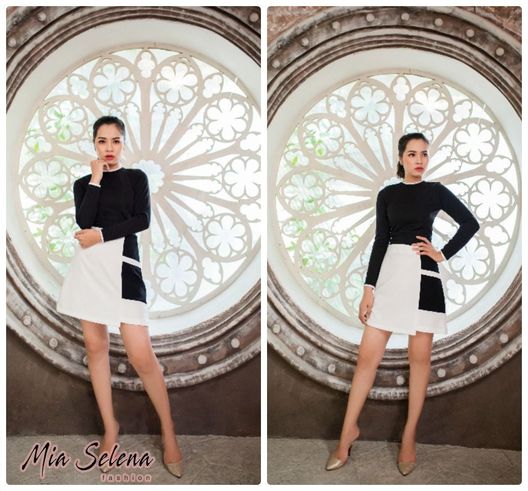 Chân váy và áo thun Mia Selena  dài tay thiết kế mới lạ (Trắng-đen)
