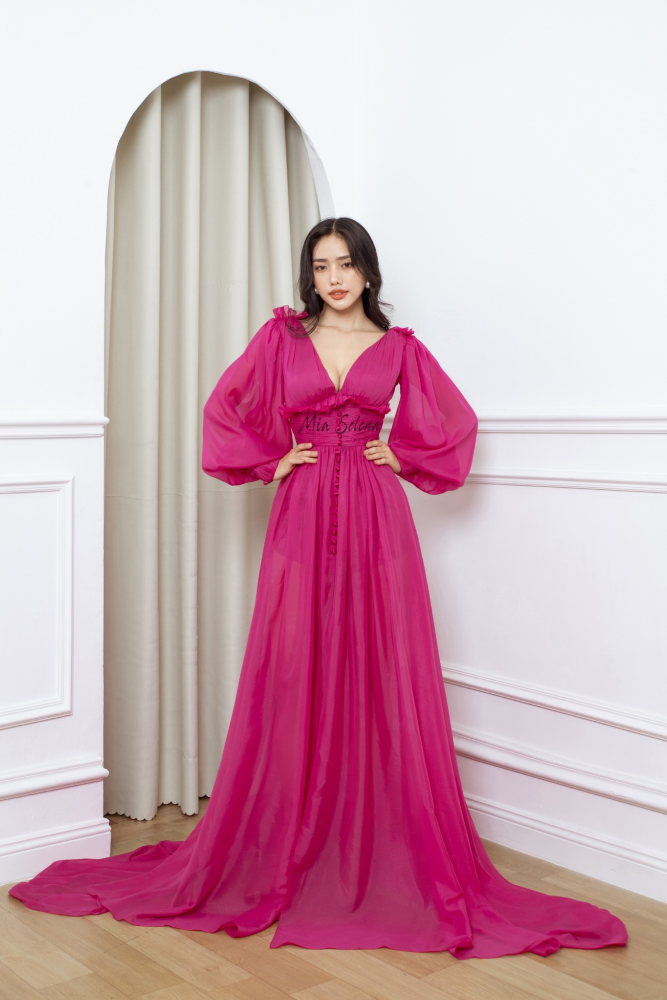 Đầm dạ hội Mia Selena hồng sen  thiết kế tay phồng tuyệt đẹp
