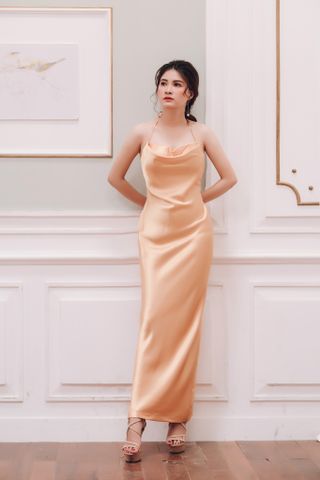 Đầm dạ hội  cổ đỗ Mia Selena thiết kế cực tôn dáng ( Vàng )