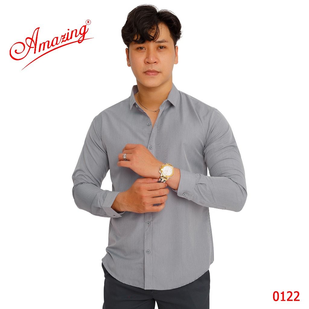  Sơ mi nam màu tím nho, áo kiểu phong cách Hàn Quốc, chuẩn form body slim fit, không túi, vải Bamboo, Amazing 