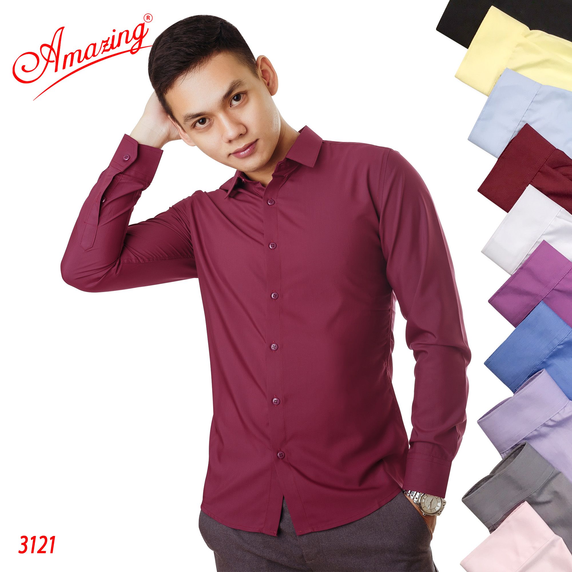  Áo sơ mi màu Tím Lavender thương hiệu Amazing, style Hàn Quốc không túi, chuẩn form slim fit, chất liệu mịn mát 