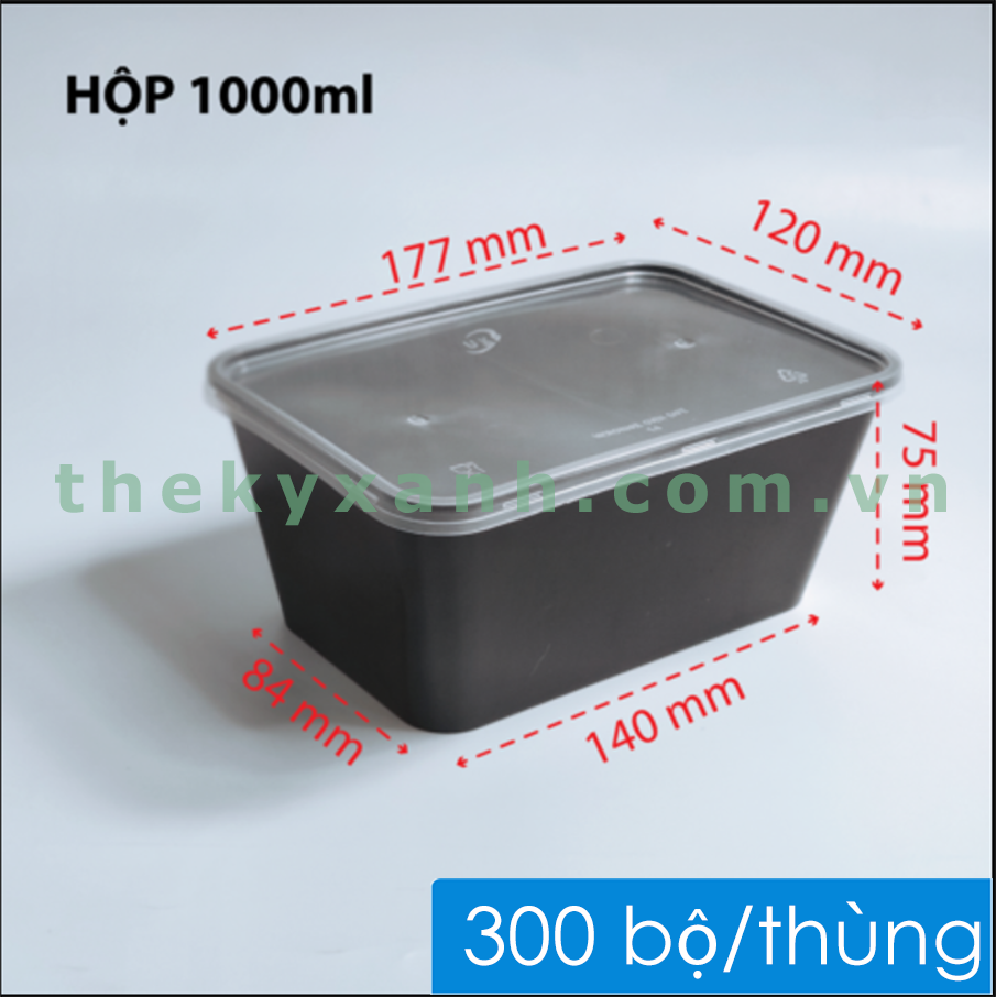  Hộp Chữ Nhật Đen Microwave 1000ml + Nắp Trong Đựng Cơm, Bánh 