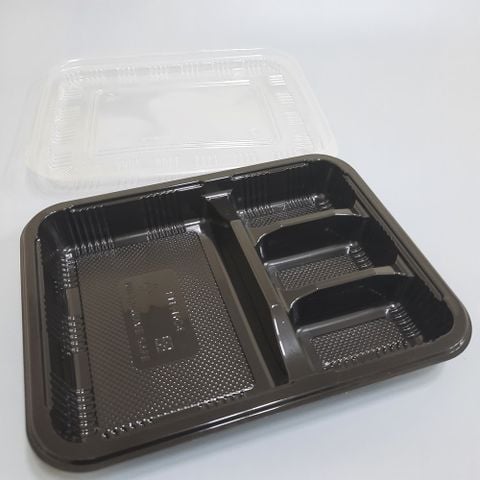 HỘP CƠM 4 NGĂN HC4, Khay Nhựa Đế Đen 4 Ngăn - Hộp Đựng Thức Ăn, Cơm, Mì, Xôi,...