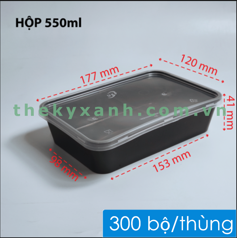  Hộp Chữ Nhật Đen Microwave 550ml + Nắp Trong Đựng Cơm, Bánh 