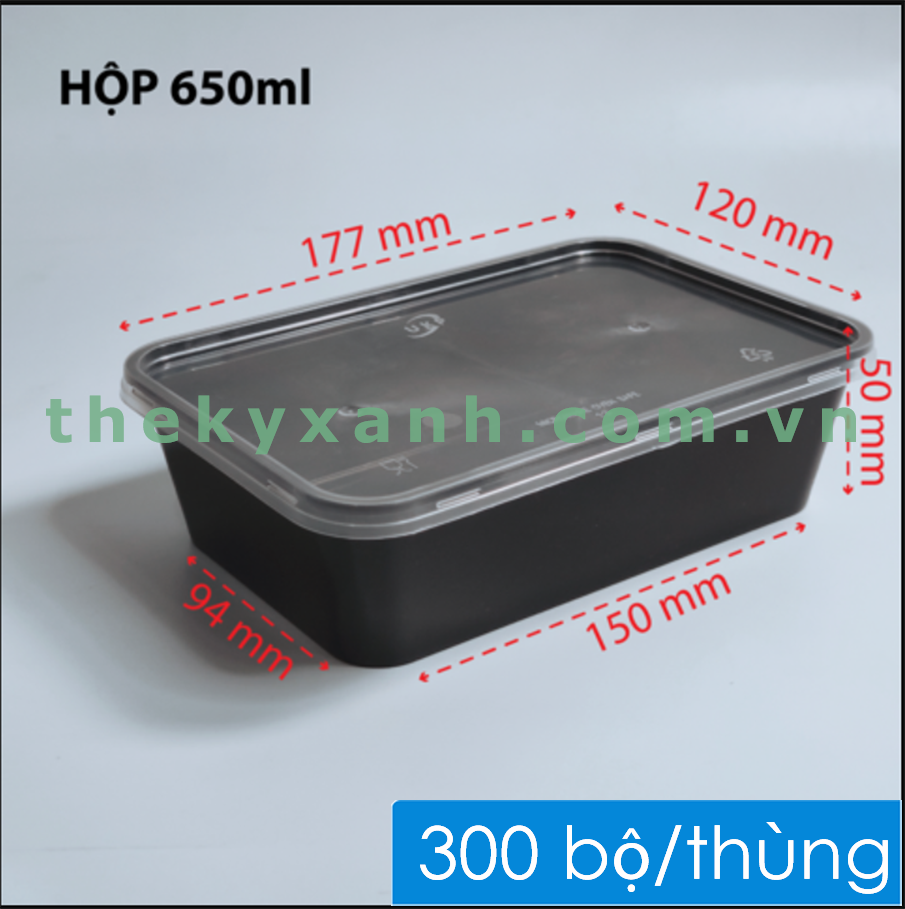  Hộp Chữ Nhật Đen Microwave 650ml + Nắp Trong Đựng Cơm, Bánh 