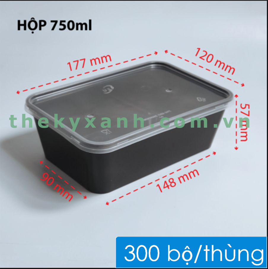  Hộp Chữ Nhật Đen Microwave 750ml + Nắp Trong Đựng Cơm, Bánh 