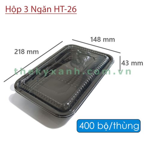 Hộp Nhựa Đế Đen 3 Ngăn HT-26 - Hộp Đựng Thức Ăn, Cơm, Mì, Xôi,...