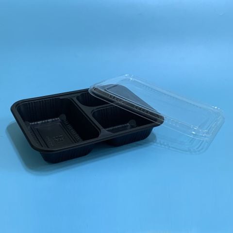 Hộp Nhựa 3 Ngăn, Khay Nhựa Đế Đen 3 Ngăn / Hộp Đựng Cơm, Mì Xào, Bún, Nui,...
