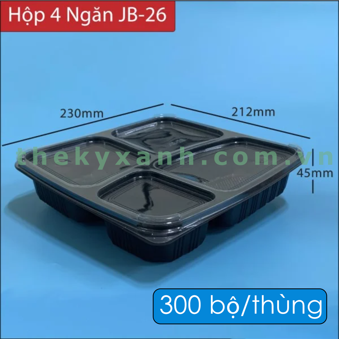  Khay nhựa đế đen JB-26, Hộp Nhựa JB-26 / Hộp cơm 4 Ngăn (Hộp đựng cơm, sử dụng được Microwave) 
