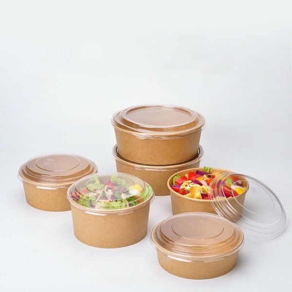  Tô giấy Kraft Salad nâu 1000ml đựng thức ăn, salad, bánh bông lan có NẮP PET (PP) chịu nhiệt 