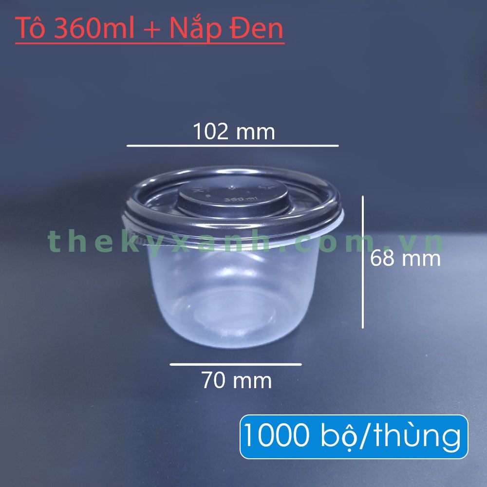  Tô Nhựa Trong PP 360ml + Nắp Đen Đựng Soup, Canh, Sốt,... 