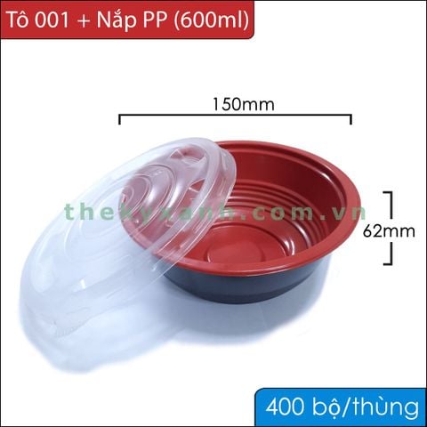 Tô Đỏ Đen 001 + Nắp PP Trong Đựng Phở, Hủ Tíu, Mì, Bún, Súp,...