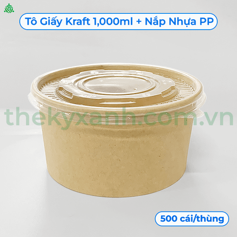 Tô giấy Kraft Salad nâu 1000ml đựng thức ăn, salad, bánh bông lan có NẮP PET (PP) chịu nhiệt