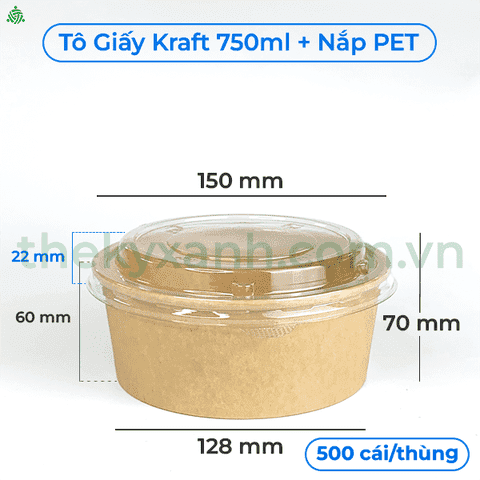 Tô giấy Kraft Salad nâu 750ml đựng thức ăn, salad, bánh bông lan có NẮP PET (PP) chịu nhiệt