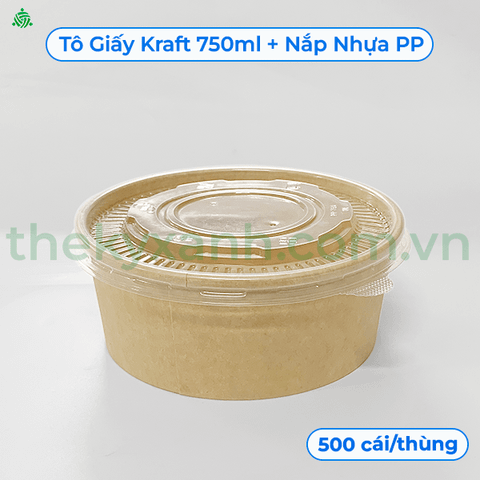 Tô giấy Kraft Salad nâu 750ml đựng thức ăn, salad, bánh bông lan có NẮP PET (PP) chịu nhiệt