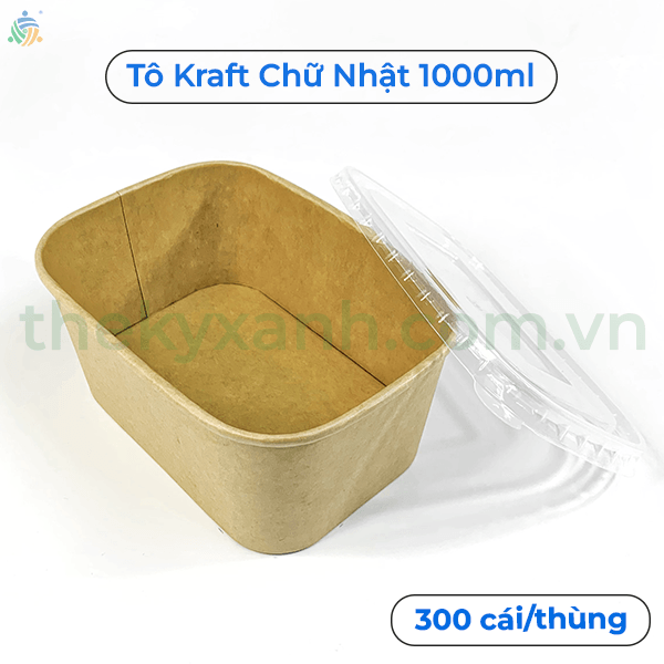  Tô giấy Kraft Chữ Nhật Nâu 1000ml Kèm Nắp PP đựng thức ăn, salad, bánh bông lan 