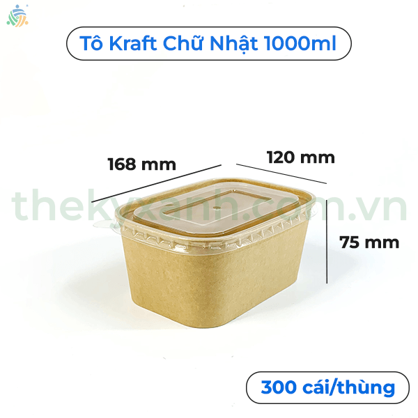  Tô giấy Kraft Chữ Nhật Nâu 1000ml Kèm Nắp PP đựng thức ăn, salad, bánh bông lan 