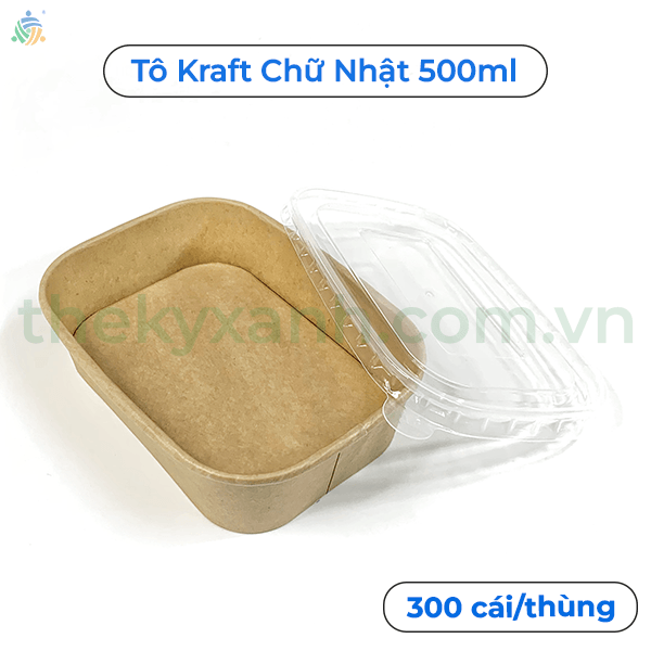  Tô giấy Kraft Chữ Nhật Nâu 500ml Kèm Nắp PP đựng thức ăn, salad, bánh bông lan 