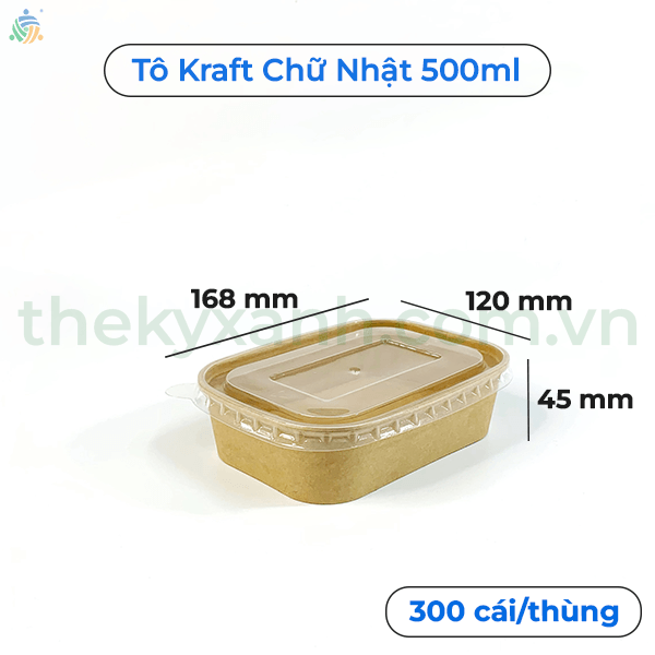  Tô giấy Kraft Chữ Nhật Nâu 500ml Kèm Nắp PP đựng thức ăn, salad, bánh bông lan 